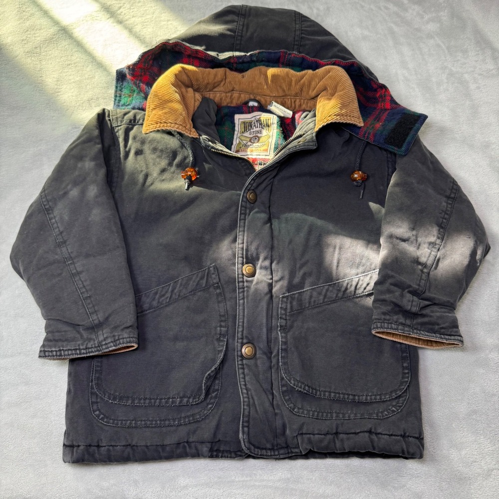 Jonathan Stone Kids Plaid Lined Hooded Coat Jacket Size 5 Charcoal Corduroy Trim